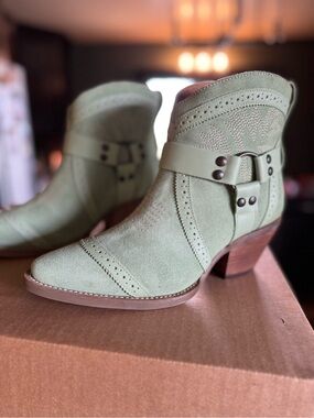 Dingo Mint Green Suede Western Ankle Boots
